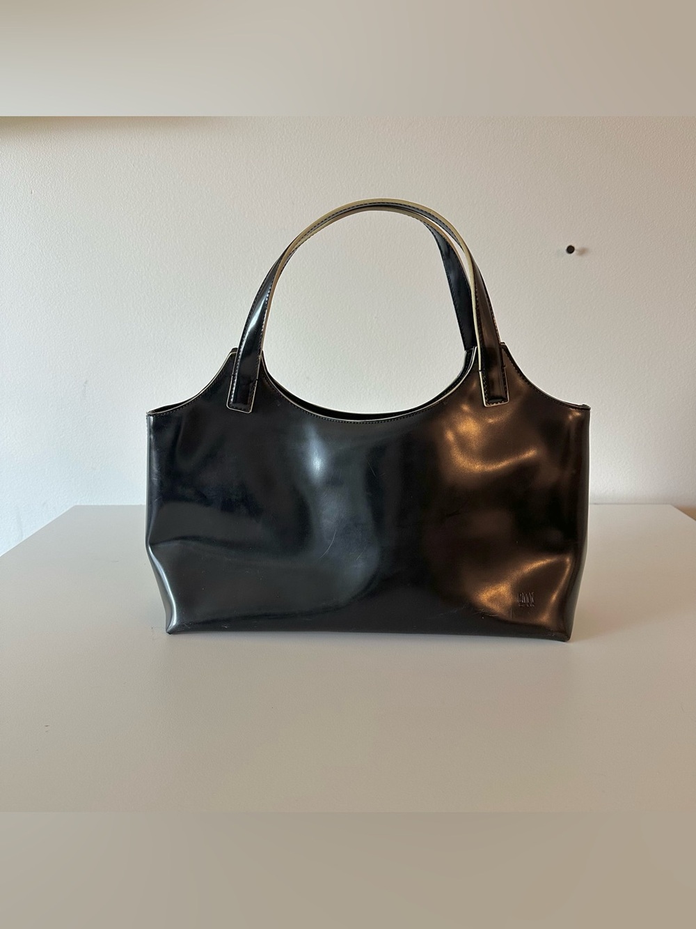 Vintage 90s City DKNY Black Patent Vegan Leather Glossy Shoulder Bag Minimalist